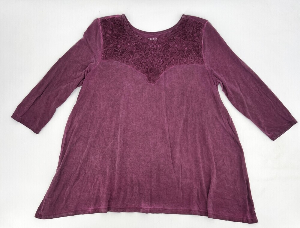 Torrid Shirt Womens 00 Plus Purple Pullover 3/4 Sleeve Embroidered  Soft Knit
